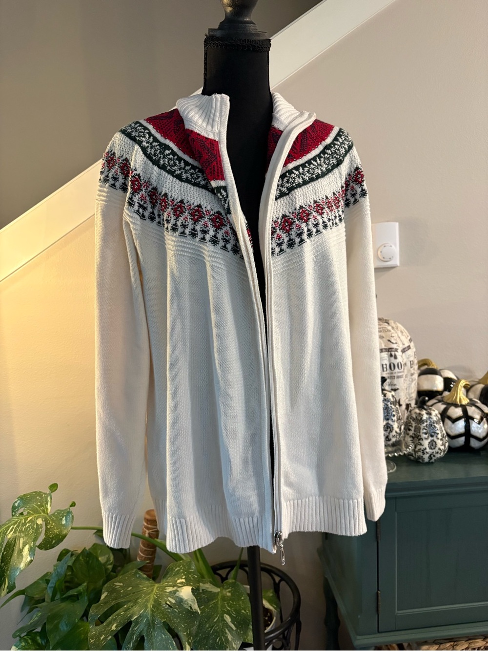 CJ Banks White Zip-Up Sweater with Red & Green Fair Isle Yoke